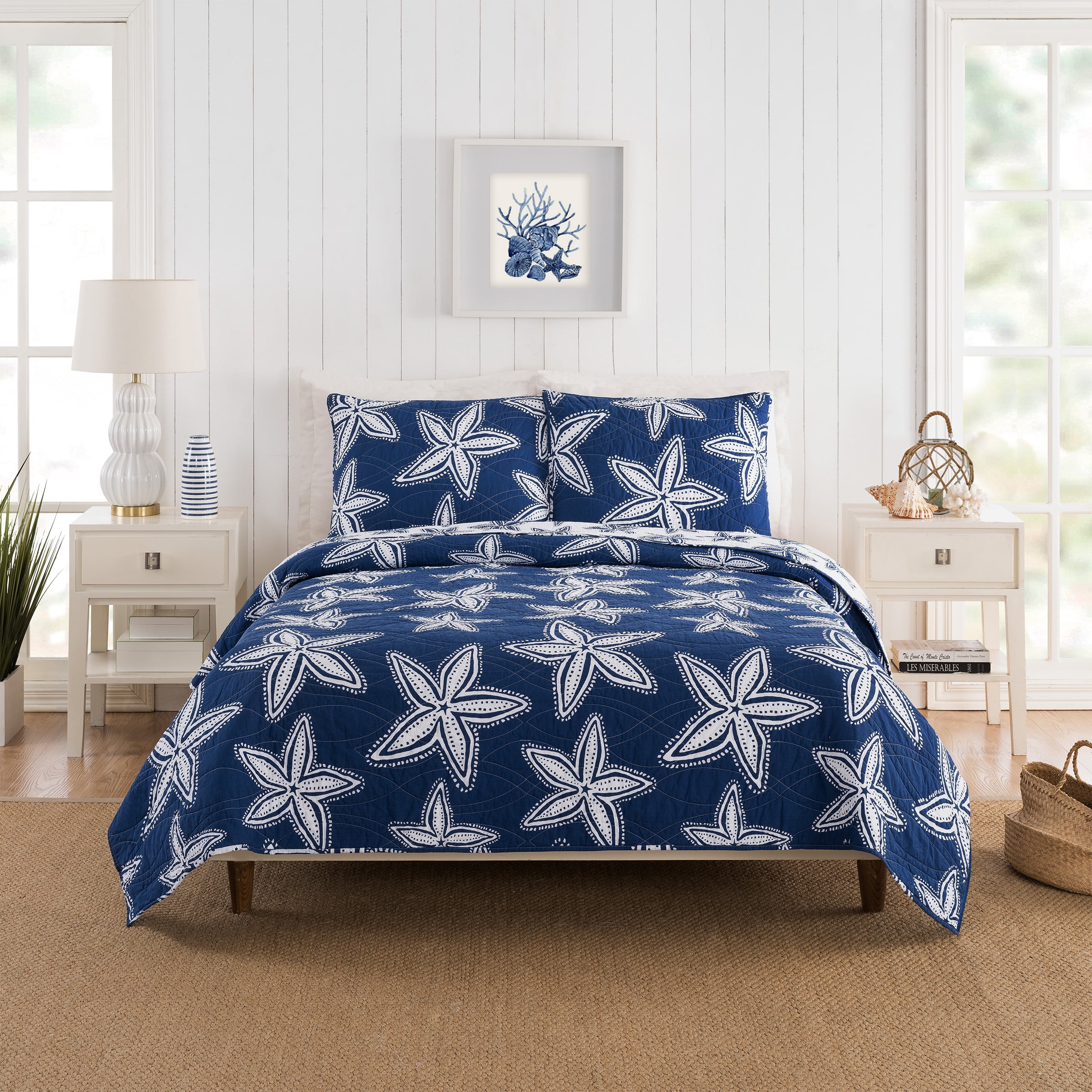Makers Collection Sea Star Navy Cotton 3-Piece Quilt Set, Full/Queen