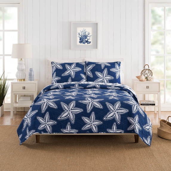 Makers Collection Sea Star Navy Cotton 3-Piece Quilt Set, Full/Queen