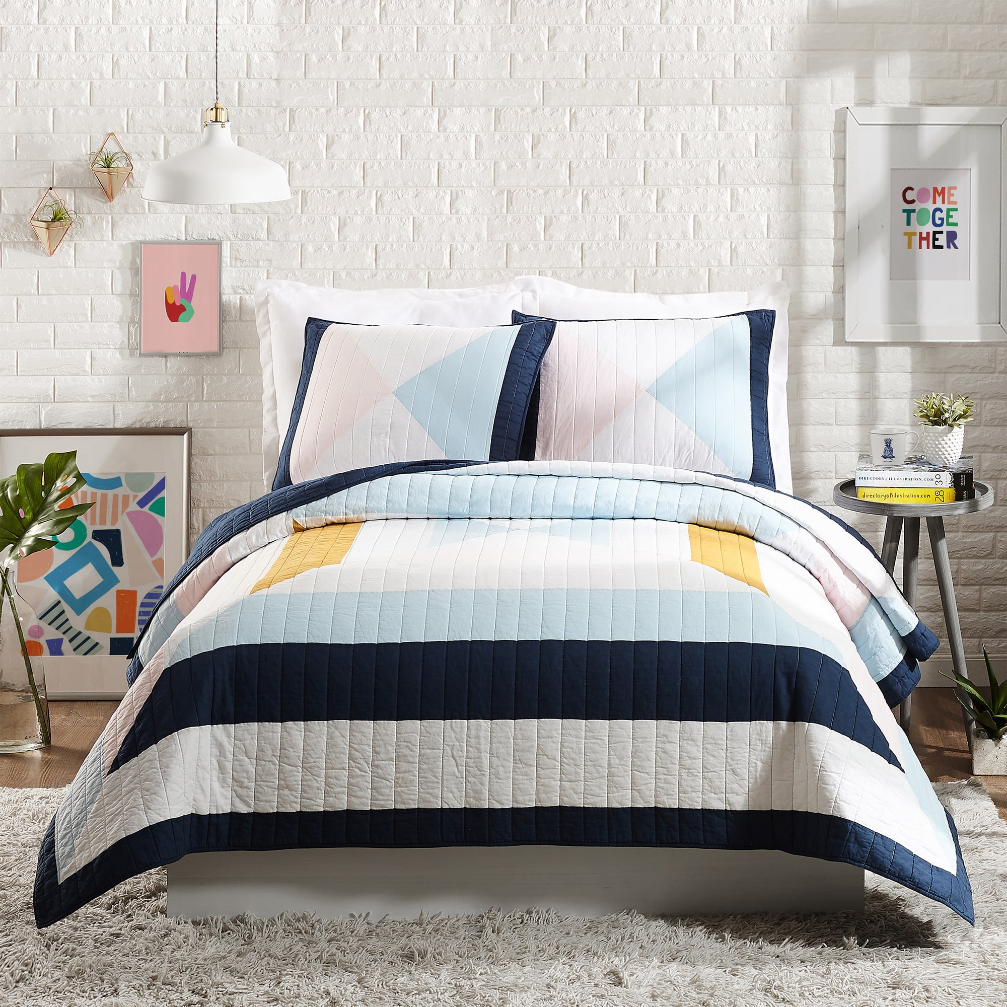 Makers Collective Diamond Patchwork Blue 3-Piece Quilt Set, Full/Queen