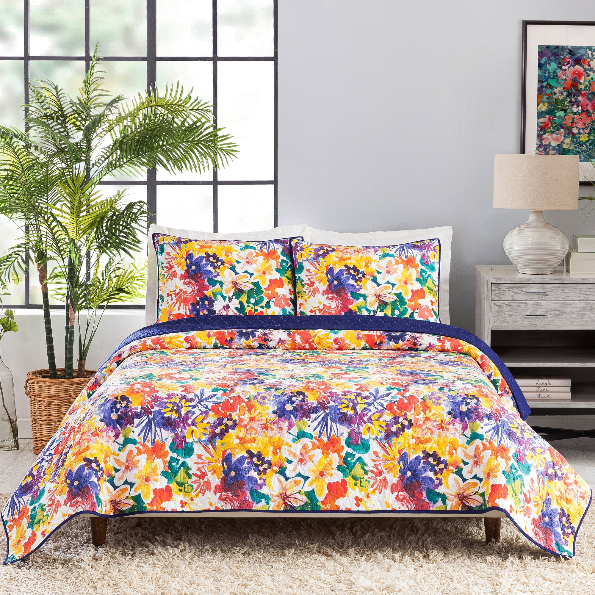 Vibrant Floral Cotton Twin Quilt Set in Purple and Yellow