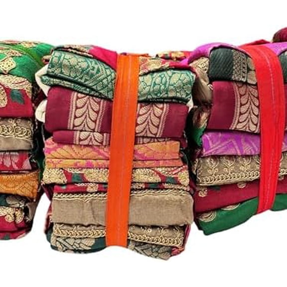 Makers Craft 12 Pieces, 18X22 Vintage Metallic Multicolor Indian Sari Fat Quarters DIY for Quilting, Sewing, Patch Work (Metallic)