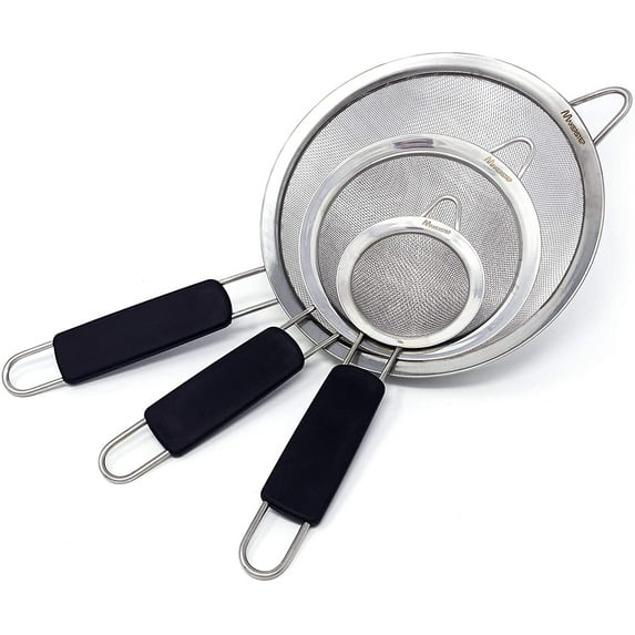 Makerstep Stainless Steel Fine Mesh Strainers. Set of 3 Graduated Sizes Strainer Wire Sieve with Insulated Handle for Kitchen, Cooking, Food Preparation. Premium Stainless Steel, Lightweight