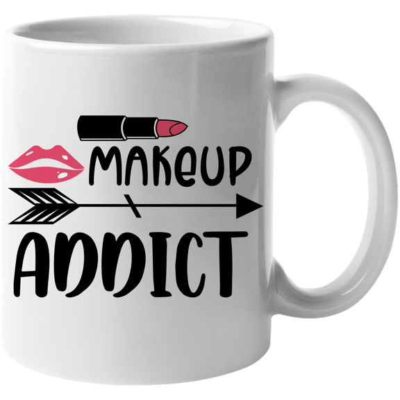 Makeup Addict Text with Pink Lipstick & Lips Graphic Design - Beauty Themed Merch for Makeup Artist or Cosmetologist, Gift for Makeup Lovers & Beauticians, White Mug 11oz