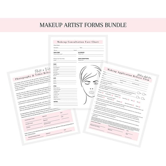 Makeup Artist Bundle Face Chart, Photo Release, Makeup Release 75 Pack 8.5 x 11" A1 Forms Clients Signature Client Forms Bundle White and Pink Design