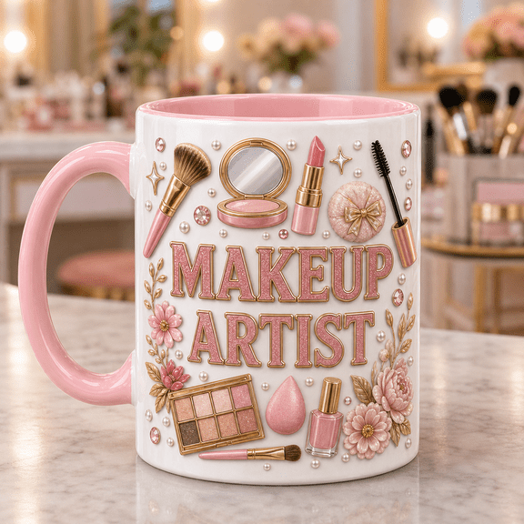 Makeup Artist Ceramic Coffee Mugs with Makeup Brush & Compact Mirror Design 11 oz 15 oz
