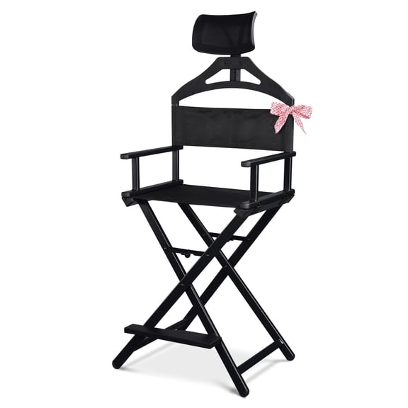 Makeup Artist Stool Chair Portable Tall Folding Directors Chair Aluminum Makeup Chair With Headrest For Wedding Hair Stylist Studio Salon Vanity Craft Show Black