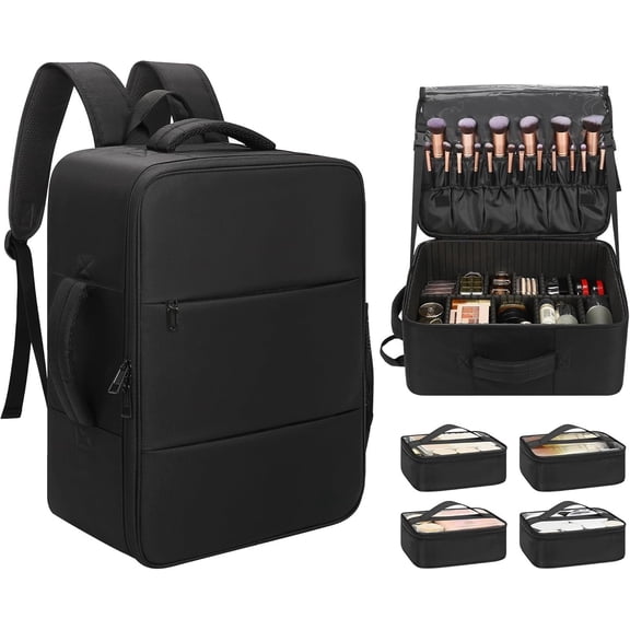 Makeup Backpack Travel Case Professional Makeup Artist Kit Set Bag with 4 Clear Bags, Brush Storage Organizer Box with Dividers for Hair Tools Barber Supplies, Black
