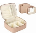 thumbnail image 1 of Makeup Bag, 2 PCS PU Leather Cosmetic Bags, Portable Travel Makeup Case, Large Makeup Organizer with Clear Makeup Bag for Women Khaki, 1 of 7