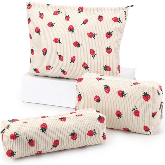 Makeup Bag 3 count Large Capacity Bags Travel Toiletry Bag Organizer Cute Makeup Bag Storage for Women(Beige Strawberry)