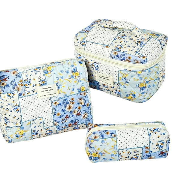 Makeup Bag 3pack/Set,Quilted Cosmetic Pouch for Women,Cute Large Capacity Cotton Portable Travel Toiletry Bag