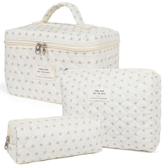 Makeup Bag 3pack/Set,Quilted Cosmetic Pouch for Women,Cute Large Capacity Cotton Portable Travel Toiletry Bag