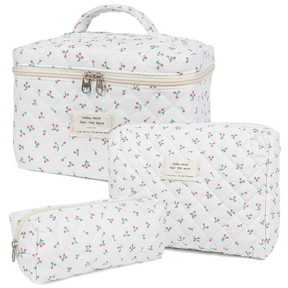 Makeup Bag 3pack/Set,Quilted Cosmetic Pouch for Women,Cute Large Capacity Cotton Portable Travel Toiletry Bag