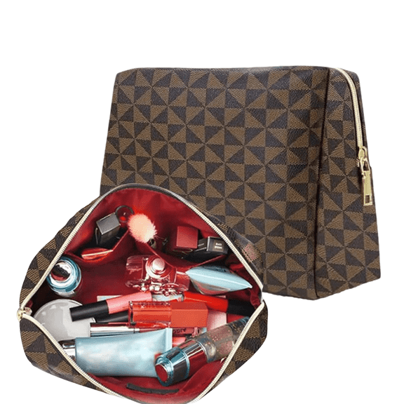 VONGEM Large Capacity Travel Cosmetic Bag - Makeup Bag, Portable Leather Waterproof Women Travel Makeup Bag Organizer, with Divider Flat Lay Checkered Cosmetic Bags(Brown)