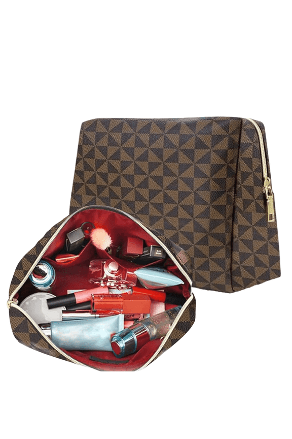 Large Capacity Travel Cosmetic Bag - Makeup Bag, Portable Leather Waterproof Women Travel Makeup Bag Organizer, with Divider Flat Lay Checkered Cosmetic Bags(Brown)