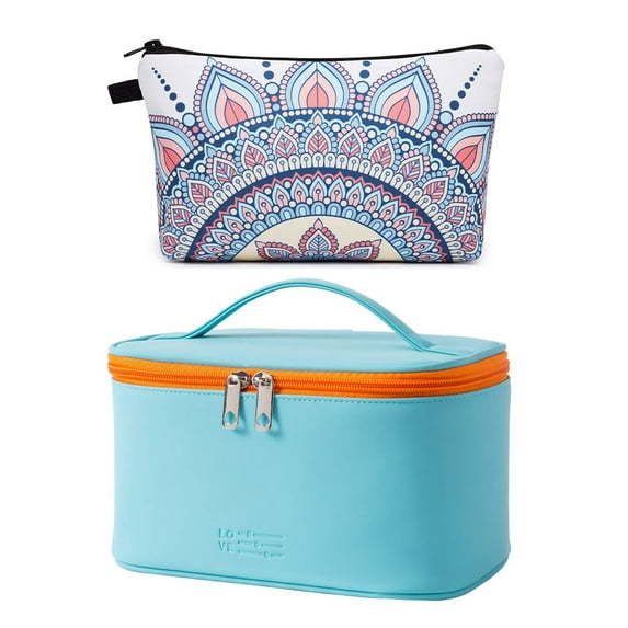 Makeup Bag Cosmetic Bag Organizer 2PACK Small Makeup Pouch for Purse for Women Girls Gift (Blue + Geometric White)