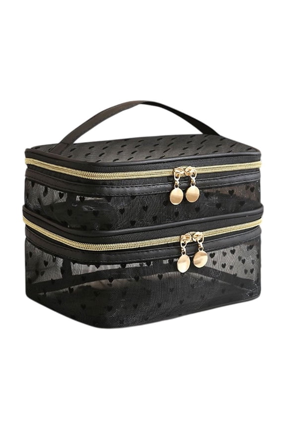 Makeup Bag Cosmetic Bag Travel Makeup Bag Mesh Double Layer Large Makeup Pouch Travel Accessories Essentials Toiletry Bag for Women Makeup Travel Organizer (Two Layers Black)