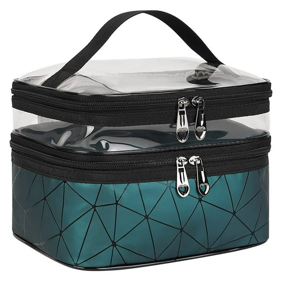 Makeup Bag Cosmetic Bag Travelling Double Layer Make Up Bag Organizer Medium Case for Women Girls Reusable Toiletry Bags(Green)