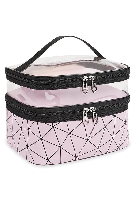 Makeup Bag Cosmetic Bag Travelling Double Layer Make Up Bag Organizer Medium Case for Women Girls Reusable Toiletry Bags(Pink)