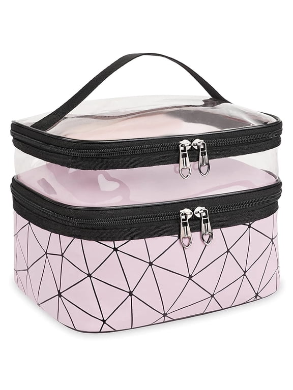 Makeup Bag Cosmetic Bag Travelling Double Layer Make Up Bag Organizer Medium Case for Women Girls Reusable Toiletry Bags(Pink)