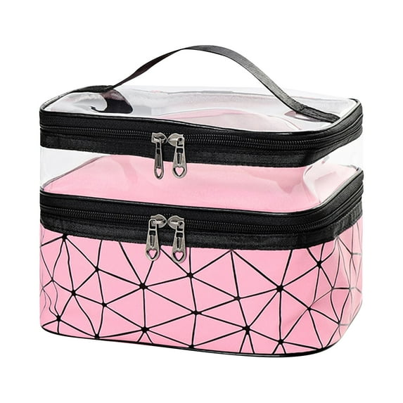 Makeup Bag Cosmetic Bag Travelling Double Layer Make Up Bag Organizer Medium Case for Women Girls Reusable Toiletry Bags(Pink)