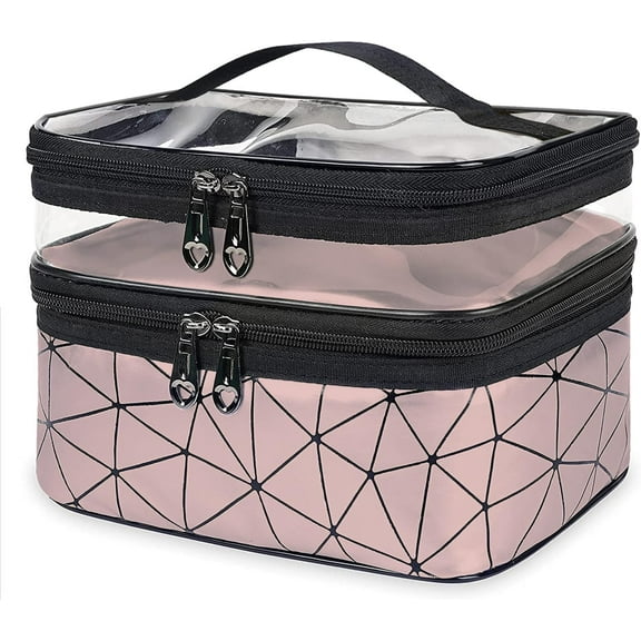 Makeup Bag, Double Layer Cosmetic Case Organizer, Girls Toiletry Bag, Clear Waterproof Cosmetic Bags With Handle, for Women Traveling Accessories Bottles, Brushes, Skin Care Products (Pink)