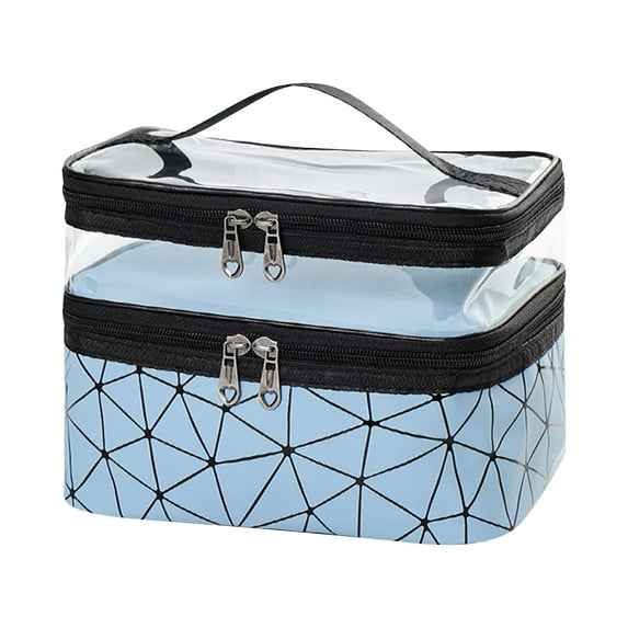 Makeup Bag Double layer Travel Cosmetic Cases Waterproof Make up Organizer Toiletry Bags Clear Upper layer (Blue)