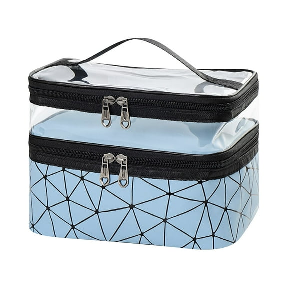 Makeup Bag Double layer Travel Cosmetic Cases Waterproof Make up Organizer Toiletry Bags Clear Upper layer (Blue)