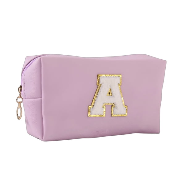 Makeup Bag Initial Preppy Patch Bag,Small PU Leather Travel Cosmetic Bag Pouch with Zipper, Purple Cute Toiletry Bag,Gift Ideal for Teen Girls Women Birthday Friend Mom, Latter A
