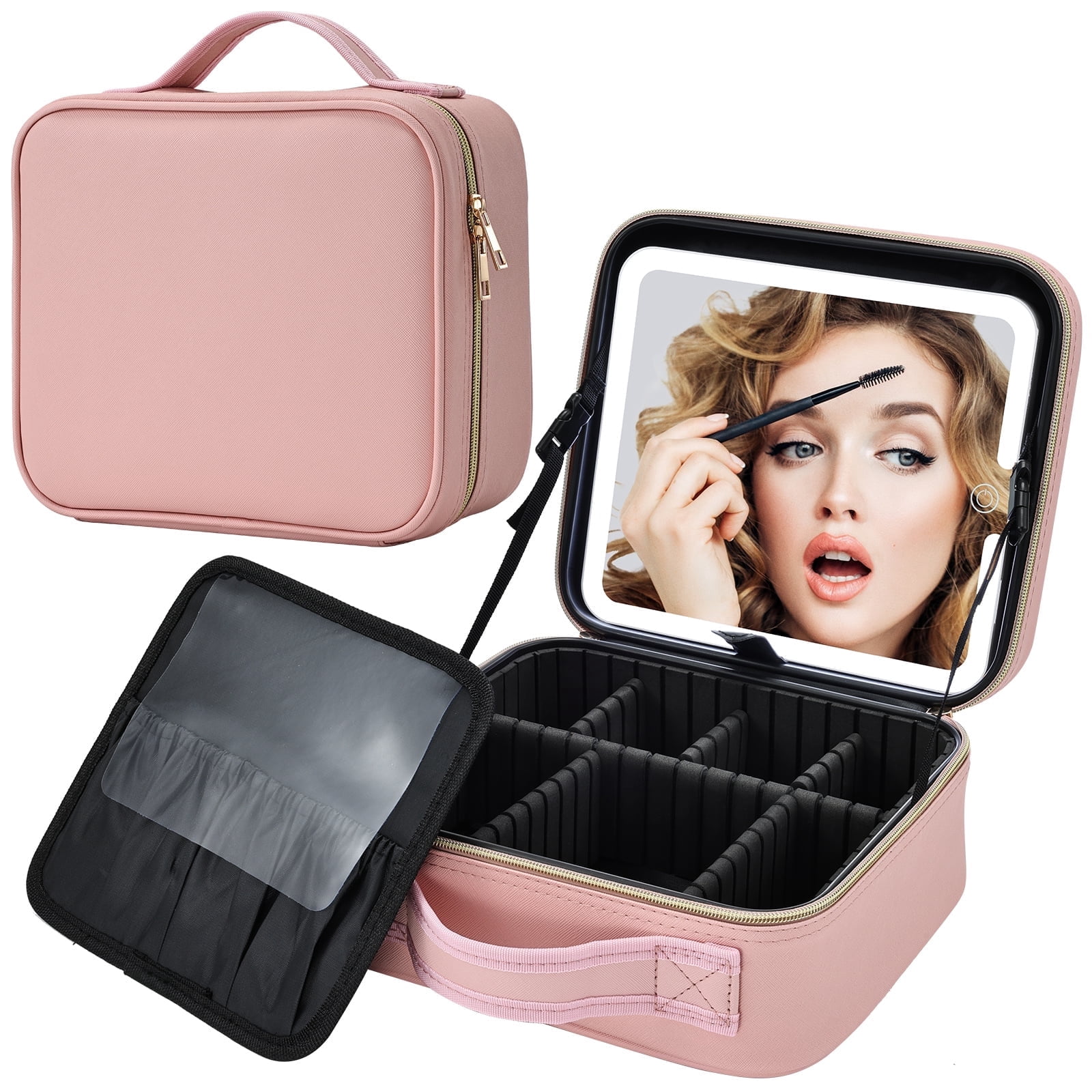 Makeup Bag with LED Mirror Travel Makeup Case Large Cosmetic Train Case with Brush Holder
