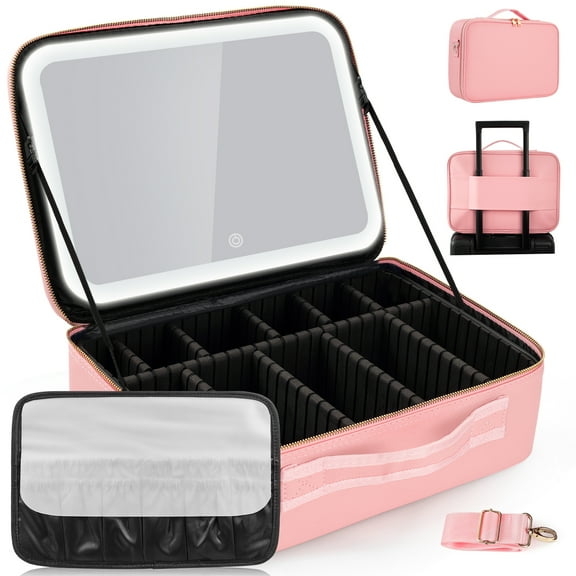 Makeup Bag with LED Mirror - 14.6"X10.3" Travel Makeup Bag with LED Mirror 3 Color Scenarios Adjustable Brightness Large Cosmetic Bag Organizer Makeup Train Case