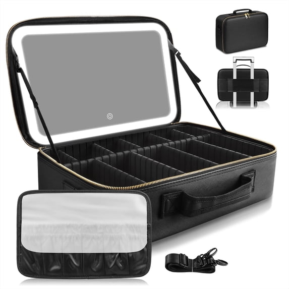 Makeup Bag with LED Mirror - 14.6"X10.3" Travel Makeup Bag with LED Mirror 3 Color Scenarios Adjustable Brightness Large Cosmetic Bag Organizer Makeup Train Case Mother’s Day Gift