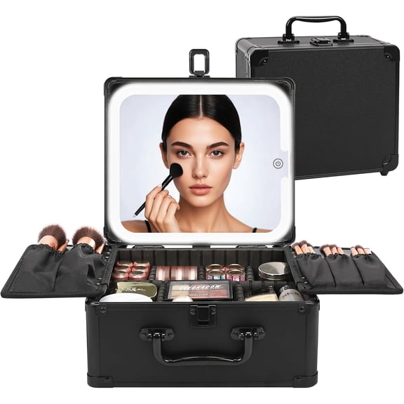 Makeup Bag with LED Mirror, Box Travel Train Case Rechargeable Lighted Mirror & Adjustable Dividers, Cosmetic Brush Organizer Storage for Artists Gifts Women and Girls