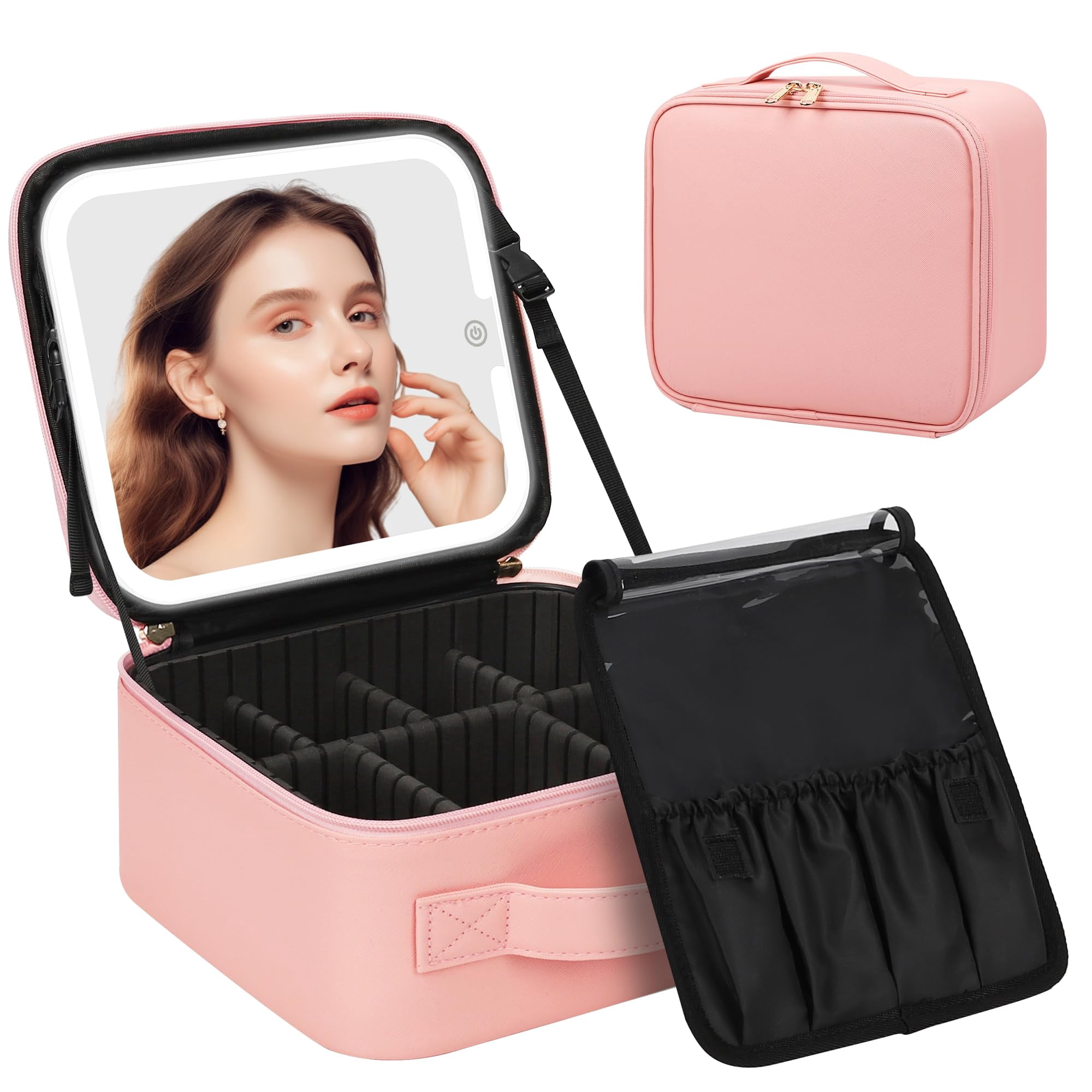 Makeup Bag with LED Mirror, Cute Cosmetic Bags Birthday Gifts for Girls Women, Makeup Train Case Artists Organizer Large Make Up Bags with Light Up Mirror 3 Color Lights-Pink