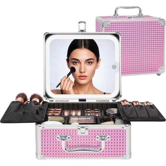 Makeup Bag with LED Mirror, Makeup Box Travel  Case with Rechargeable Lighted Mirror,  Brush Organizer Storage for Makeup Artists Gifts for Women and Girls,