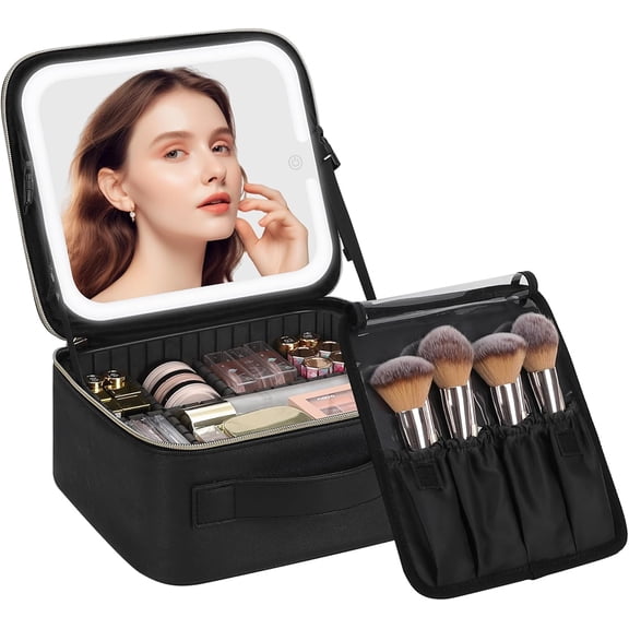 Makeup Bag with LED Mirror, Travel Makeup Case for Women and Makeup Artists Organizer Large Make Up Bags with Light Up Mirror, 3 Color Lights, Adjustable Dividers and Brush Holder