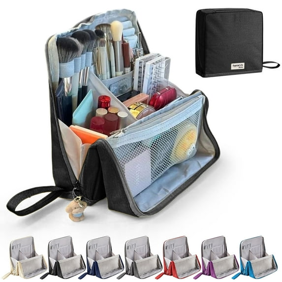 Makeup Bag Large Capacity | Doresty Standing Up Makeup Organizer | Waterproof Cloth Toiletry Bag | Rigid Base | Multi-Compartment | Portable Travel Case | 23x6.5x22cm