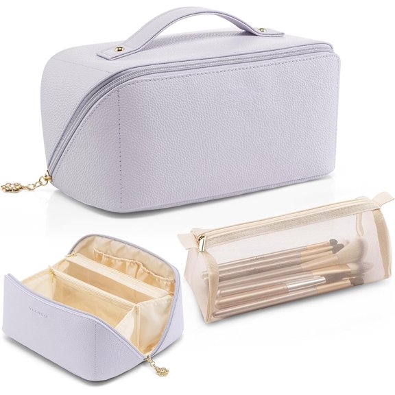 Makeup Bag,Large Capacity Toiletry Bag for Women Portable Make up Pouch PU Leather Open Flat Bag(Purple)