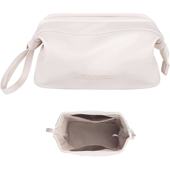 Makeup Bag, Large Capacity Travel Cosmetic Bag, PU Leather Zipper Pouch Toiletry Organizer for Travel, Business Trips and Daily Use (White, L)