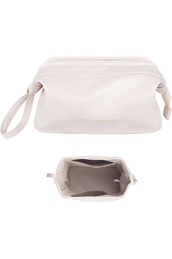 Makeup Bag, Large Capacity Travel Cosmetic Bag, PU Leather Zipper Pouch Toiletry Organizer for Travel, Business Trips and Daily Use (White, L)