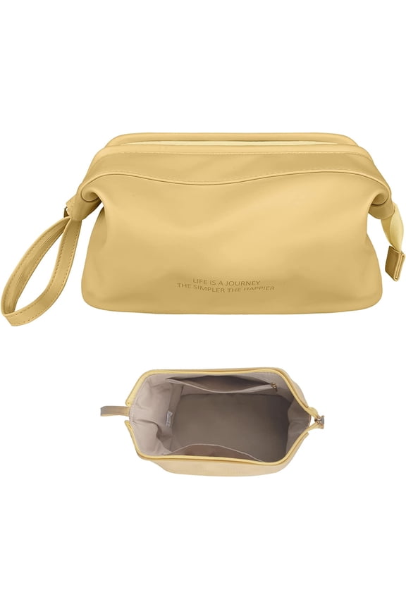 Makeup Bag, Large Capacity Travel Cosmetic Bag, PU Leather Zipper Pouch Toiletry Organizer for Travel, Business Trips and Daily Use (Yellow, L)