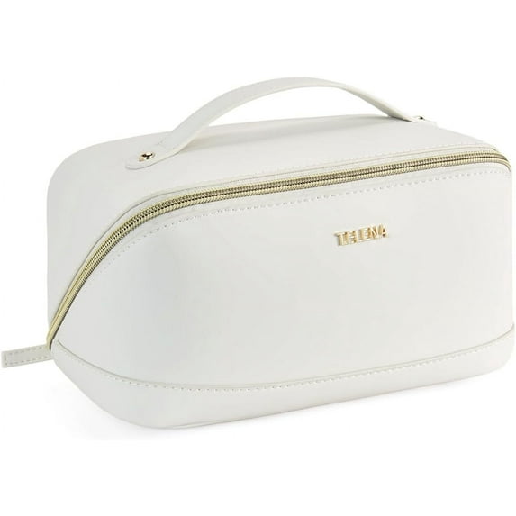 Makeup Bag Large Capacity Travel Cosmetic Bag Portable PU Leather Water Resistant Makeup Organizer Bags for Women with Handle and Divider Open Flat Beige with Brown