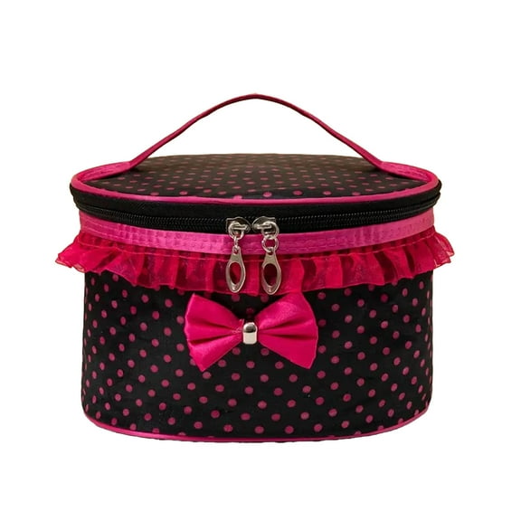 Makeup Bag  Large Capacity Travel Cosmetic Bag  Waterproof Makeup Organizer for Women with Handle  Portable Travel Makeup Organizer Cosmetic Brush Bags with Bow Lace Decorate(Black with R