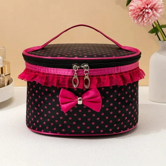 Portable Black Dot Print Bow Lace Zipper Travel Makeup Bag with Handle Cosmetic Organizer