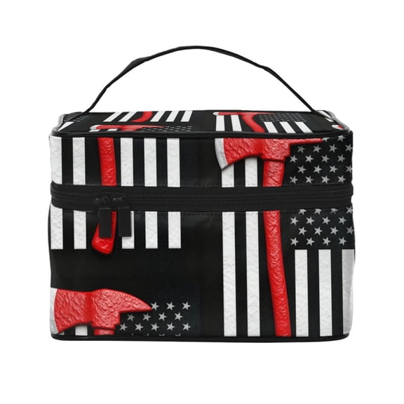 Makeup Bag Large Cosmetic Bag Thin Red Firefighter Line Axe Flag Pattern Travel Zipper Pouch Toiletry Organizer With Handle For Women
