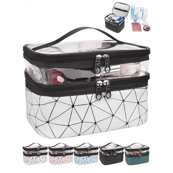 Makeup Bag Large Double Layer Clear Makeup Pouch Waterproof with Handle and Divider Cosmetic Bag for Women Gift (Silver)