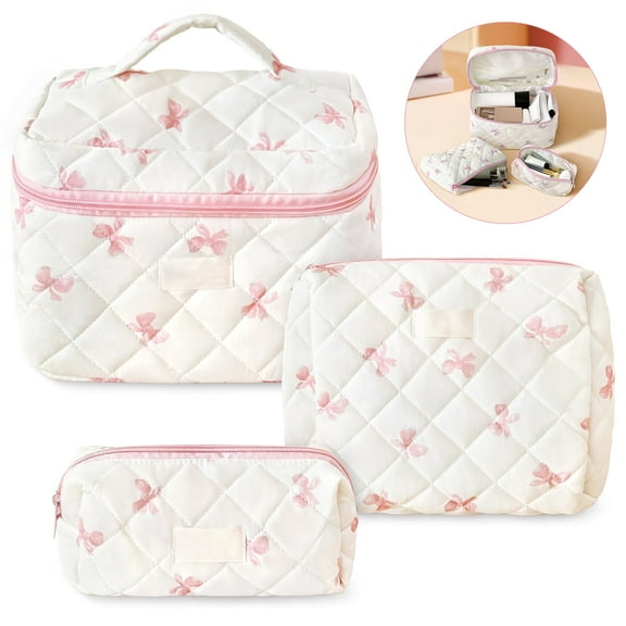 Makeup Bag, Large Quilted Makeup Bag Set, Cosmetic Bag for Women Girls, Cute Cotton Bow Pattern Travel Toiletry Organizer Bag 3 Set