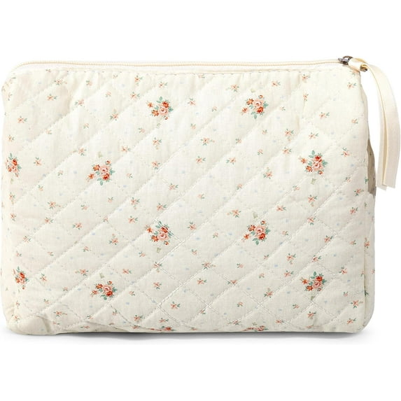 Makeup Bag Large Travel Quilted Cosmetic Makeup Bag Organizer, Floral Cotton Coquette Aesthetic Toiletry Bag for Women Girls