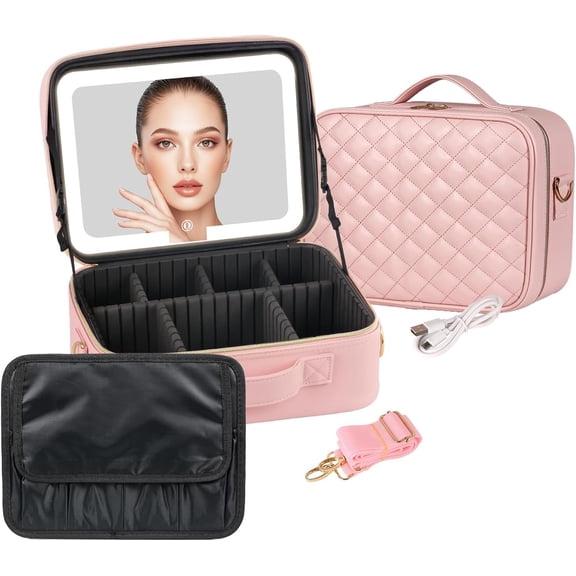 Makeup Bag with Led Mirror, 12 Inch Portable Travel Cosmetic Organizer Case with Adjustable Dividers, USB Charging, Large Capacity, Ideal for Travel, Gift for Women Girls, Pink