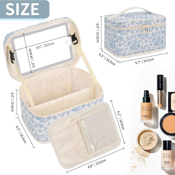 Makeup Bag With Mirror, Lightweight Travel Makeup Bag With 3 Color Setting Light Up Mirror Cosmetic Makeup Organizer Vanity Case for Women Beauty Tools Accessories Rechargeable Train Case-Floral