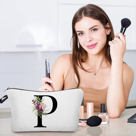 Makeup Bag, Personalized Floral Cosmetic Bag with Initials, Custom Letter Makeup Pouch, Stylish Daily Use Cosmetic Organizer